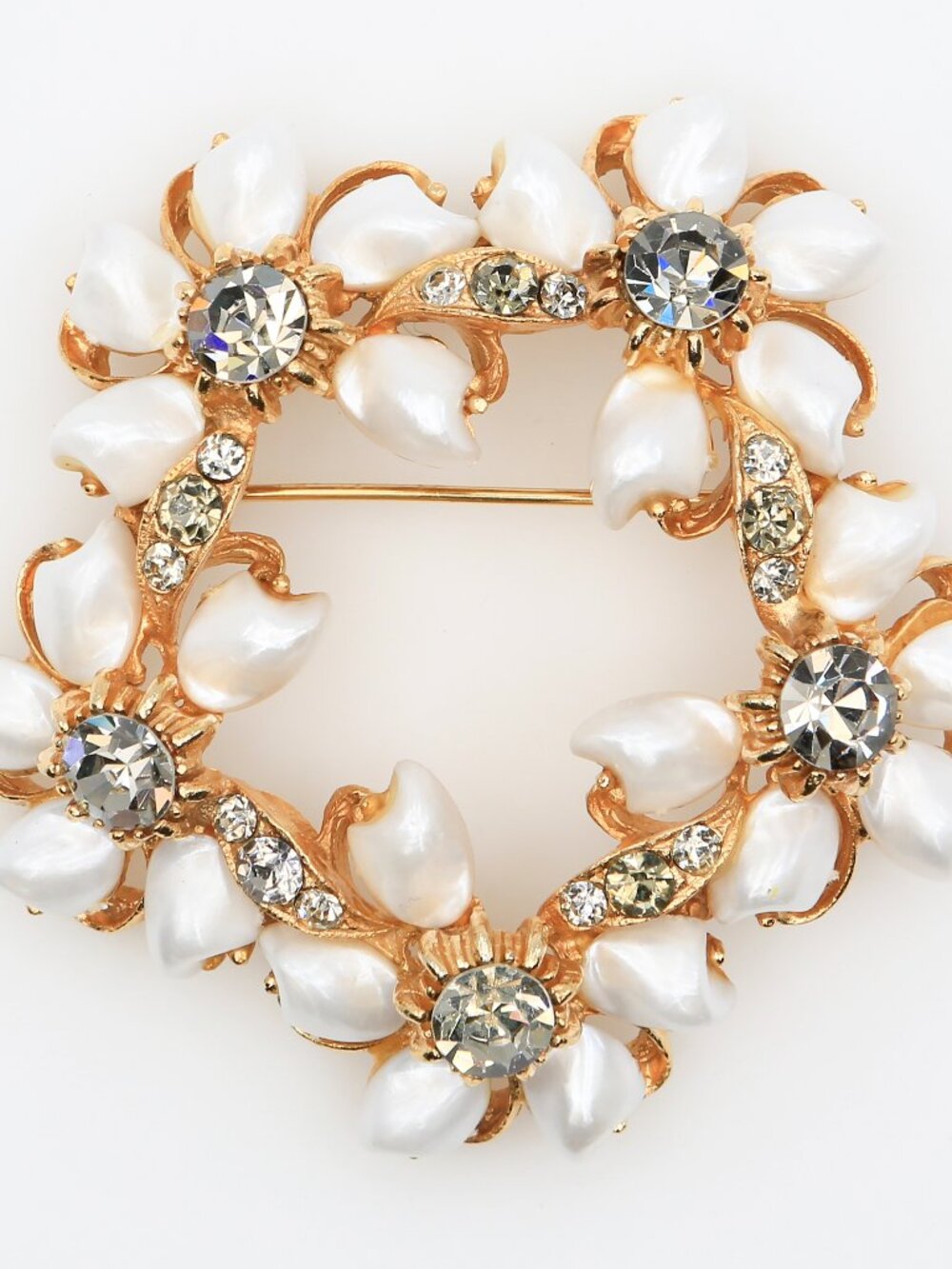 Vintage Baby Tooth Simulated Pearl Smoky Gray Rhinestones Floral Brooch 1960s